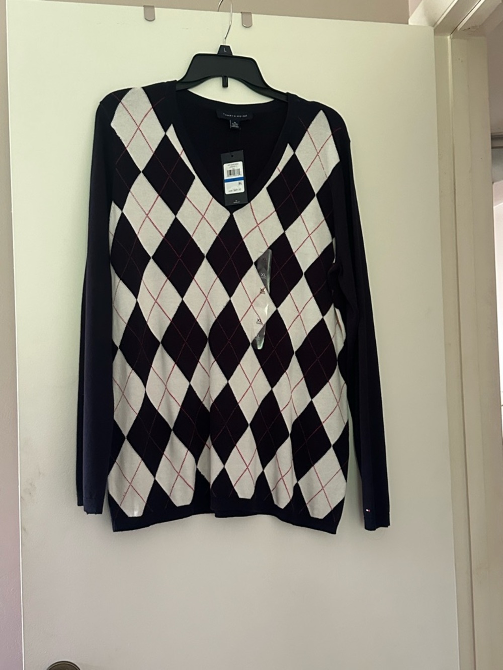 Tommy Hilfiger V-Neck Argyle Sweater - Burgundy, White, Navy